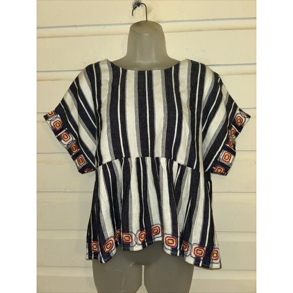 Maeve Tops - Anthropologie Maeve Linen Blend Short Sleeve Embroidered Top Size L